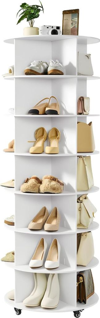 Schuhregal - Schuhschrank 7-stöckig - Für 28 Paar - 360° Drehbar - Mit Rollen - Platzsparend - 59,8 x 59,8 x 167 cm - Weiß