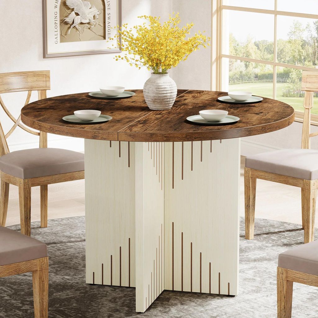 Runder Esstisch - Esszimmertisch - Säulengestell - Ø 100 cm - Holz/Spanplatte - Für 4 Personen - Landhausstil - Braun/Beige