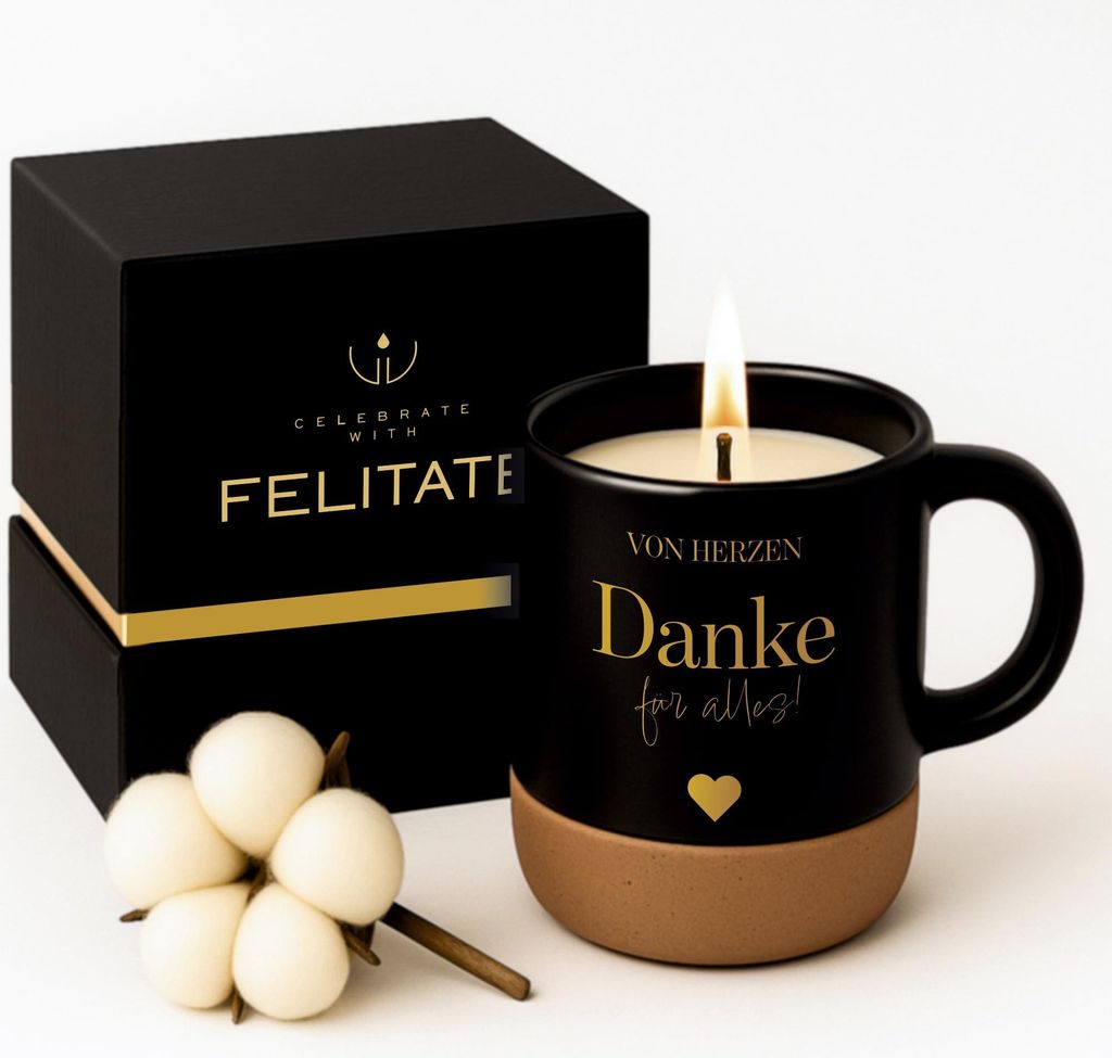 FELITATE Geschenk für Frauen & Männer - 2in1 Duftkerze in Tasse mit Spruch - "Von Herzen danke für alles" - Geschenke zum Geburtstag, Vatertag &...