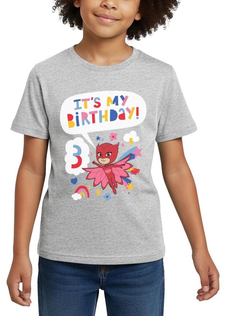 Spreadshirt PJ Masks Eulette Geburtstags Design 3. Geburtstag Kinder T-Shirt, 110/116 (5-6 Jahre), Grau meliert