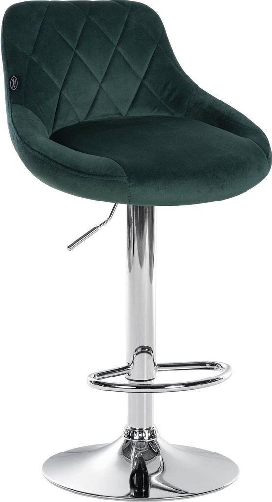 Samt-Barhocker – Eleganter Hocker – 360° drehbarer Sitz mit Gaslift und Fußstütze | Farbe: dunkelgrün | Grundfarbe: Chrom