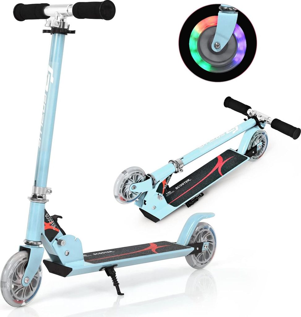 GOPLUS Kinder Roller, klappbar Scooter mit LED Räder, 3-stufig Höhenverstellbare & faltbarem Lenker, Roller für Kinder ab 4-13 Jahren (Hellblau)