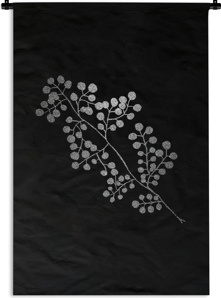 MuchoWow Wandteppich Wandbehang Zweig mit runden Blättern auf schwarzem Hintergrund - schwarz und weiß 120x180 cm Tapisserie Dekoration Wandtuc...