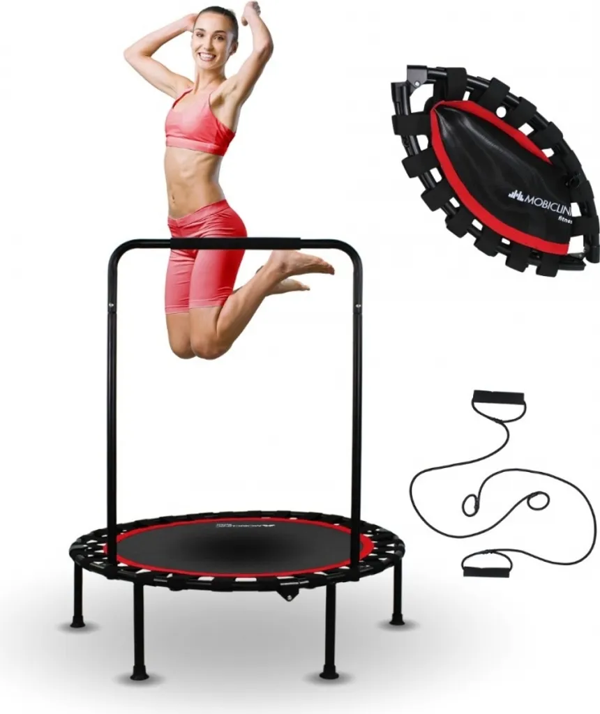 Trampoline fitness pliable gain de place avec barre pour sport sans impacts