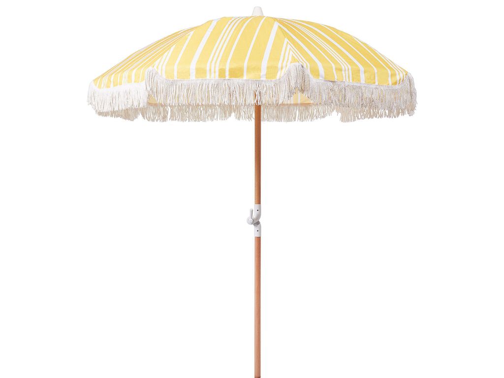 BELIANI Sonnenschirm Gelb Stoff-Bespannung Rund 150 cm mit Volant Regenschutz Holzmast Neigungsfunktion Kurbel Boho Garten Outdoor Balkon Terrasse