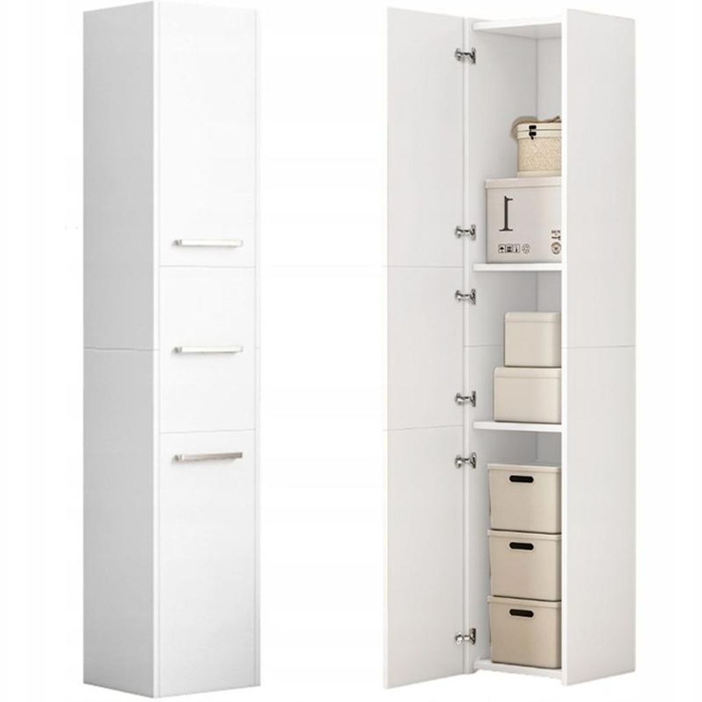 A white tall cabinet with multiple doors, showing the exterior and interior with storage boxes.