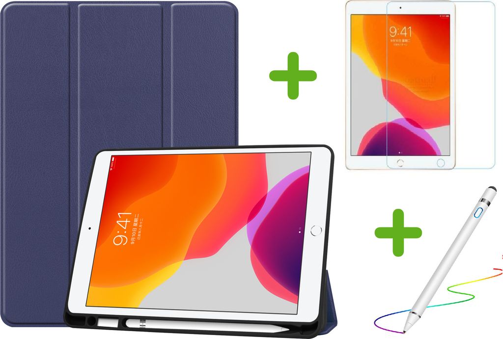 Case2go - iPad 10.2 2019 / 2020 hülle - Active Stylus Stift - Displayschutz - Dunkelblau