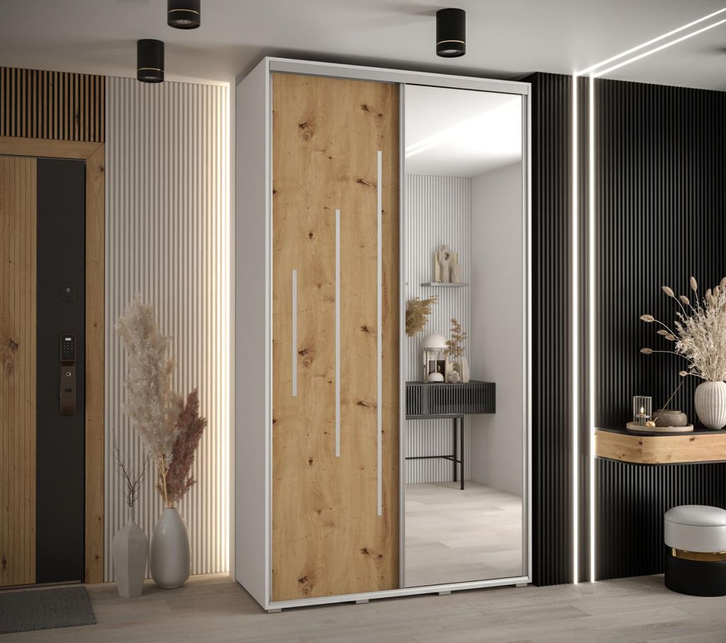 Kleiderschrank YVONA 13 - 130/45 cm, weiß / Eiche handwerklich / silber