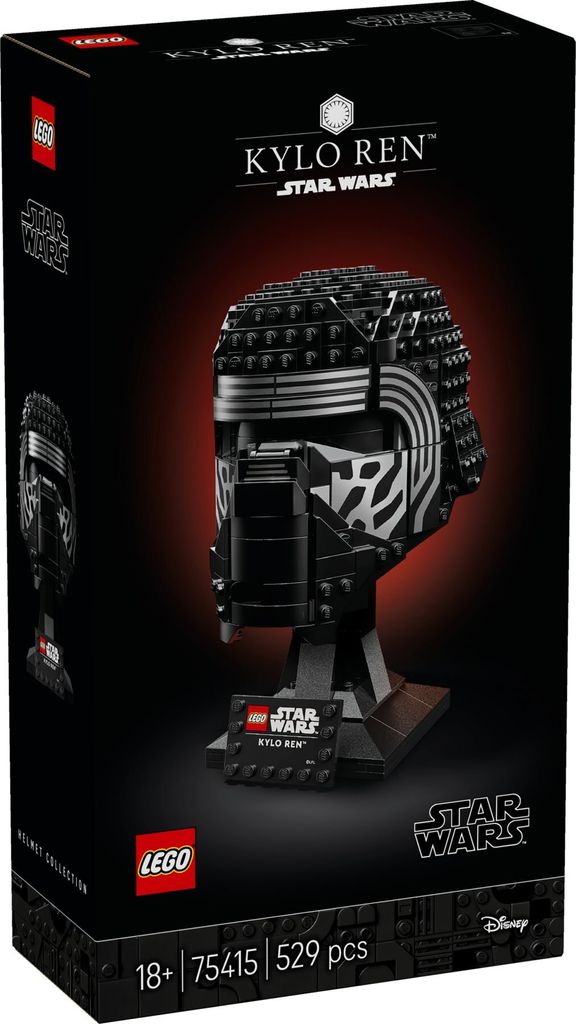 The image shows the packaging for a LEGO Star Wars Kylo Ren helmet set.
