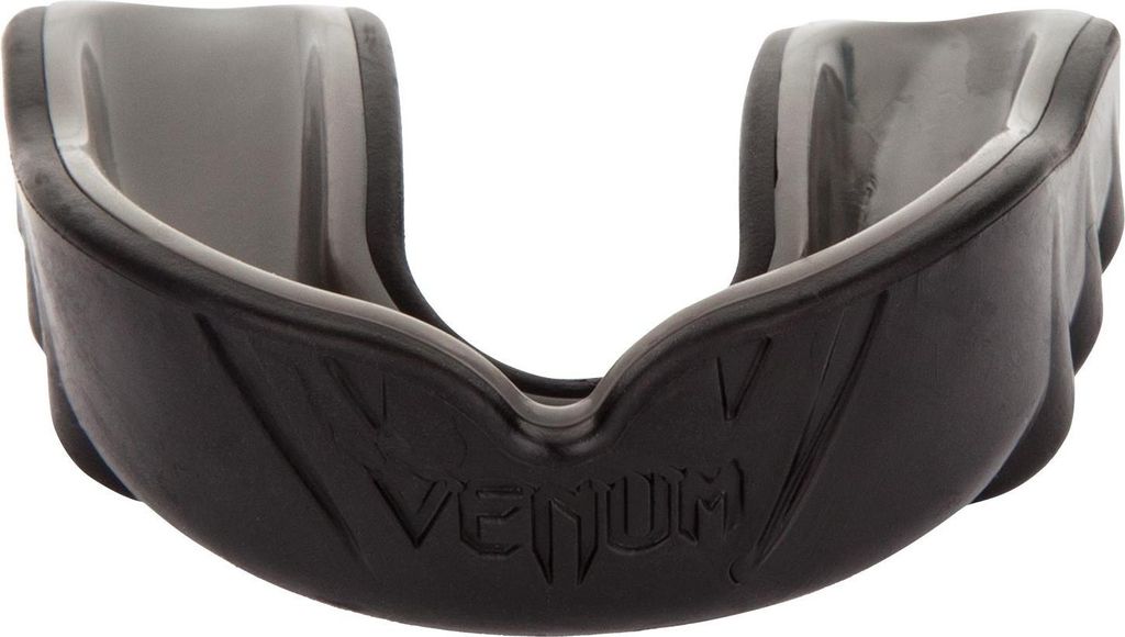 A black Venum mouthguard shown from a front-side angle on a white background.