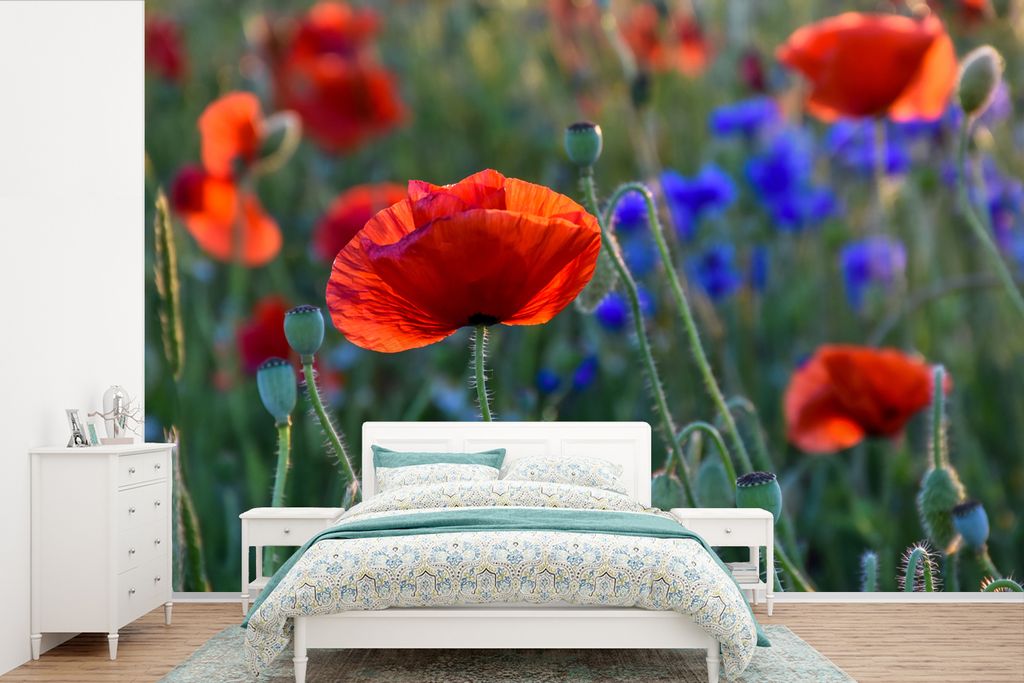 MuchoWow Fototapete für Wohnzimmer oder Schlafzimmer Wandtapete Vinyl Motivtapete Bunte Mohnblumen in den Niederlanden - 450x300 cm - Gemusterte