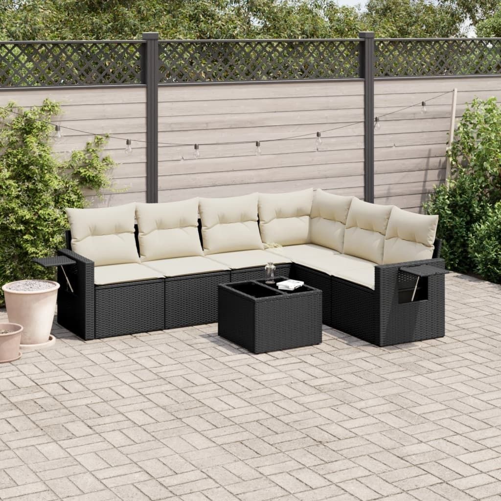7-tlg. Garten-Sofagarnitur - mit Kissen Schwarz Poly Rattan Produktbild 