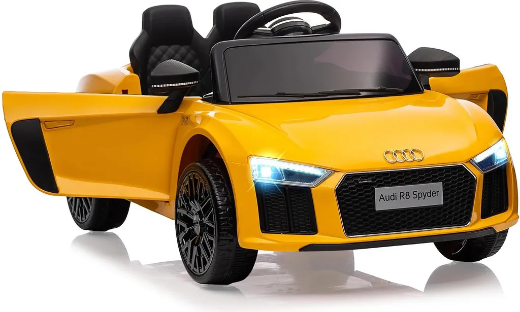 Véhicule électrique enfant 4 roues jaune avec suspension et musique 12V