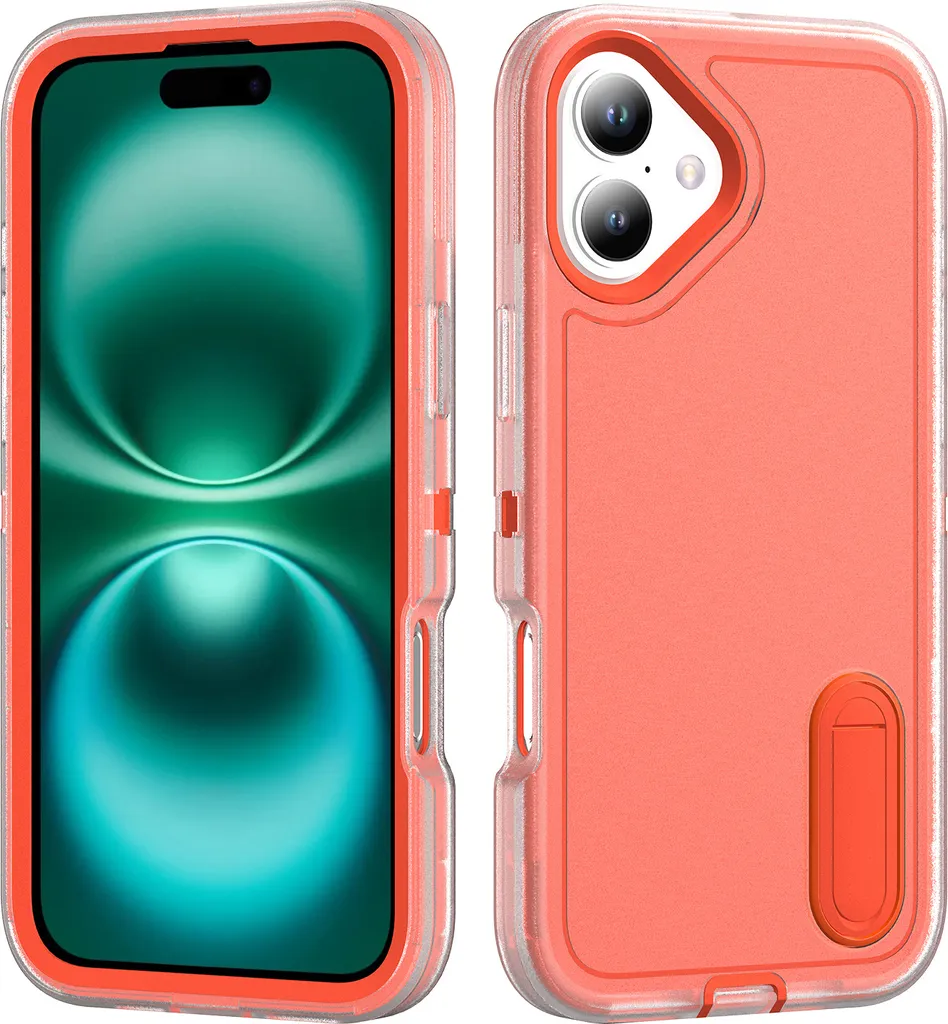 Custodia per iPhone 16 Plus Custodia protettiva ibrida antiurto a tre strati con supporto Arancione
