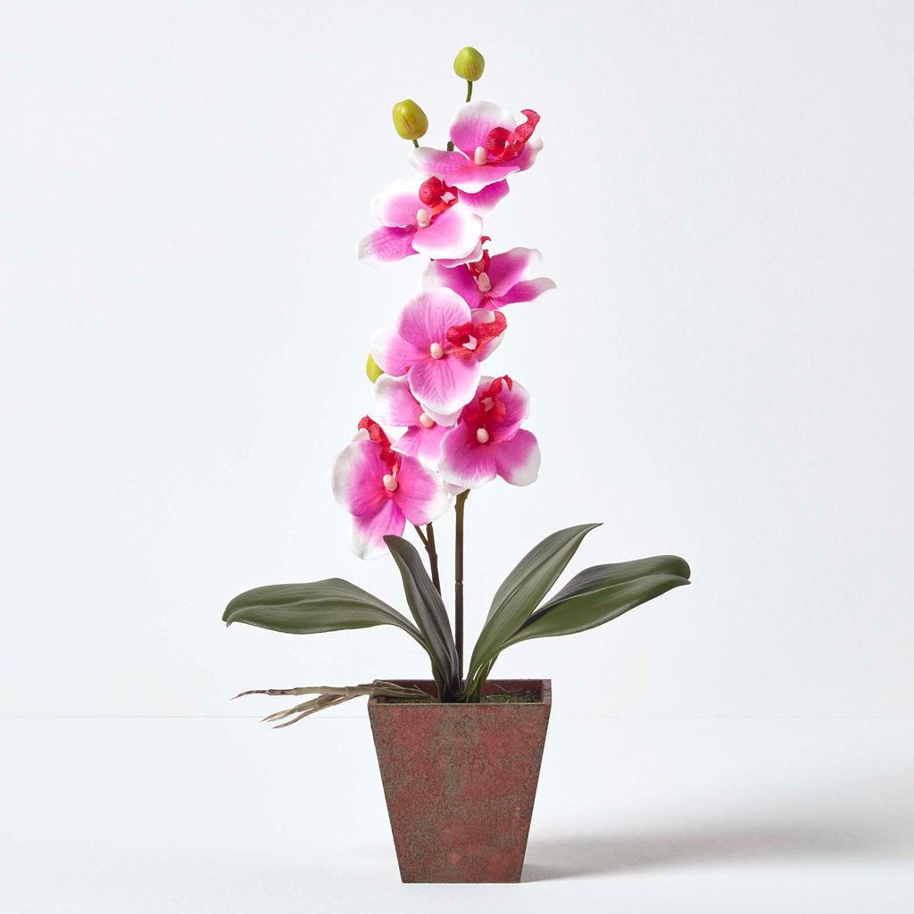 HOMESCAPES Kunstblumen Orchidee rosa in rustikaler brauner Topf, 48 cm hoch