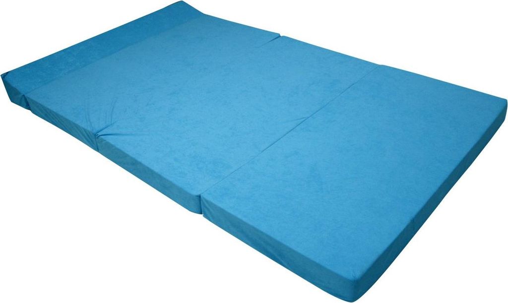 A folded blue mattress is shown against a white background.