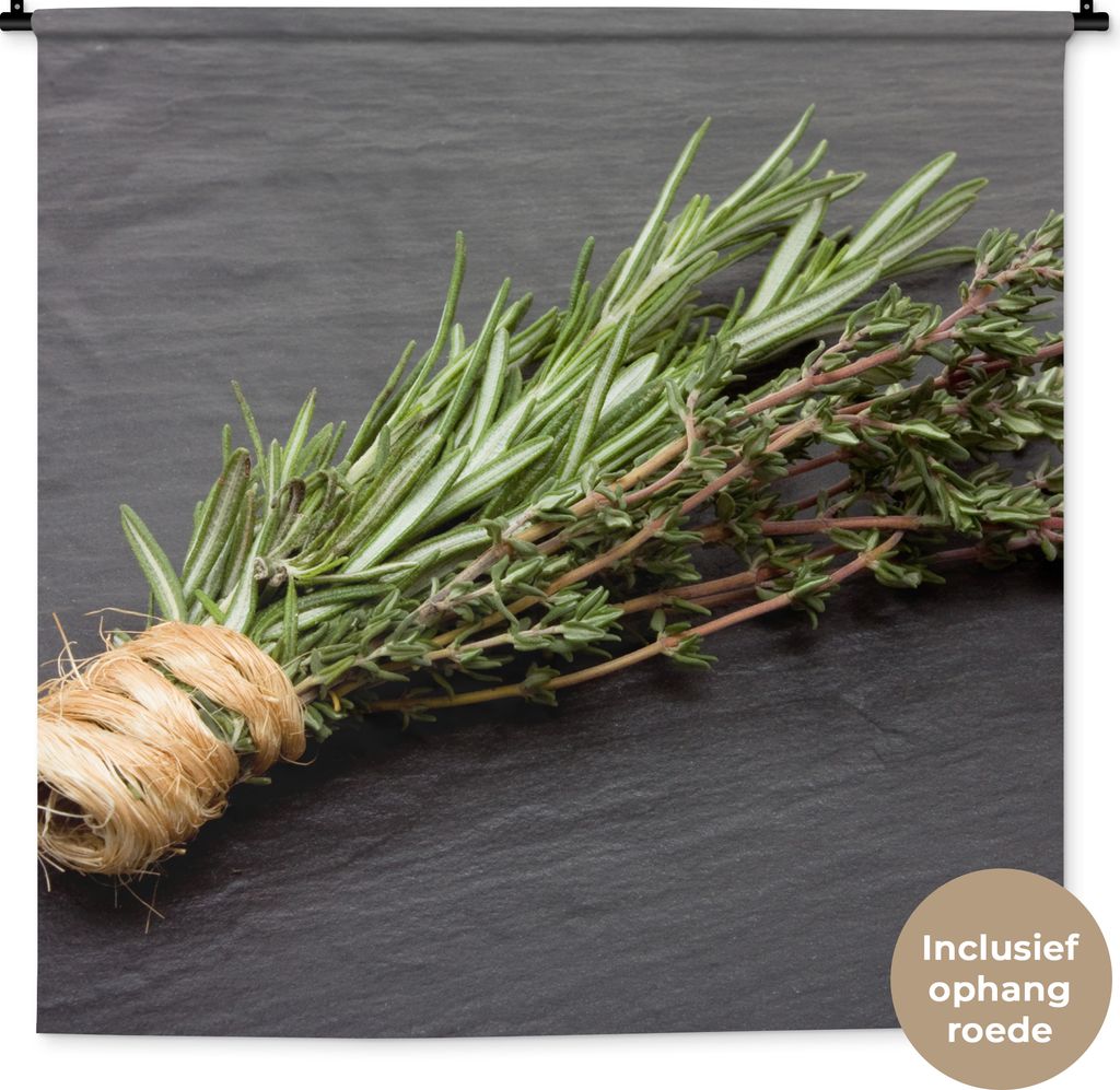 MuchoWow Wandteppich Wandbehang Thymian - Kräuter - Grün - Tisch - Küche - Stein 150x150 cm Tapisserie Dekoration Wandtuch - Wohnaccessoires -...