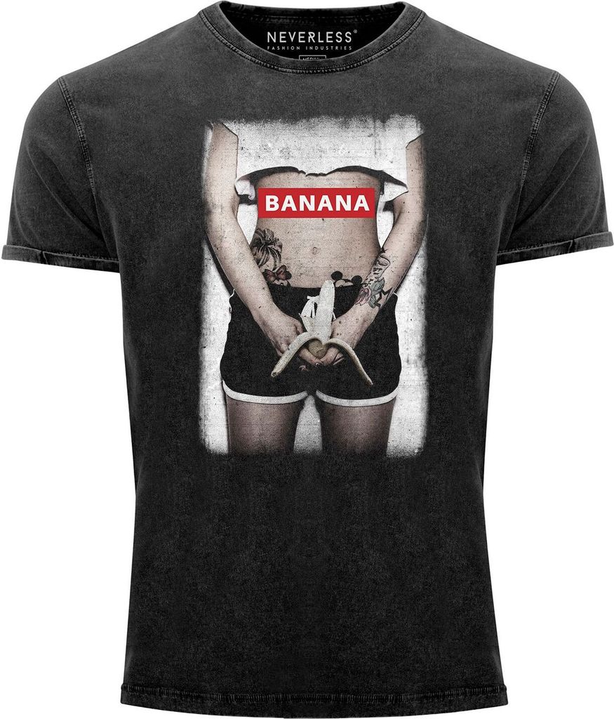 Herren Vintage Shirt Fotopint Banana Aufdruck Printshirt Tattoo Girl T-Shirt Used Look Slim Fit Neverless schwarz XXL