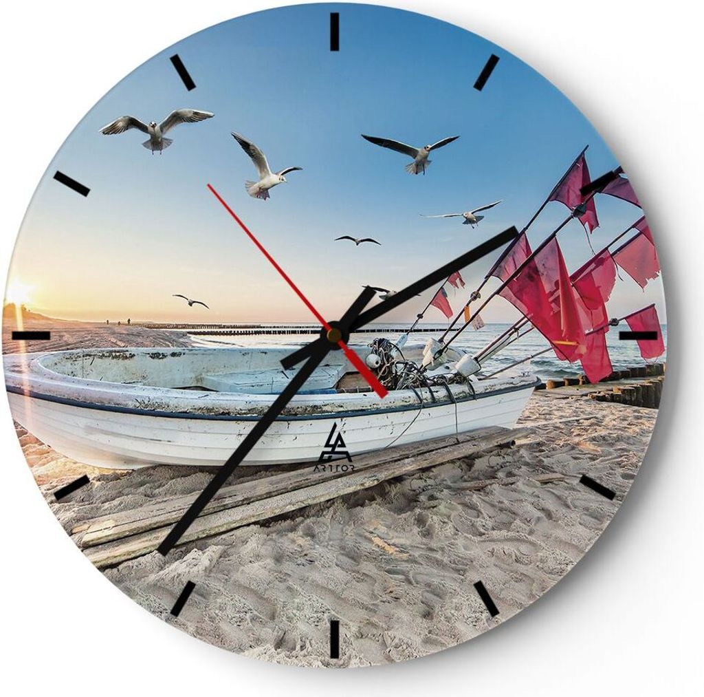 Wanduhr - Rund - Glasuhr - Łódź Küste Möwen - 30x30cm - Schleichendes Uhrwerk - Lautlos - zum Aufhängen bereit - Dekoration Modern - Wanddeko...