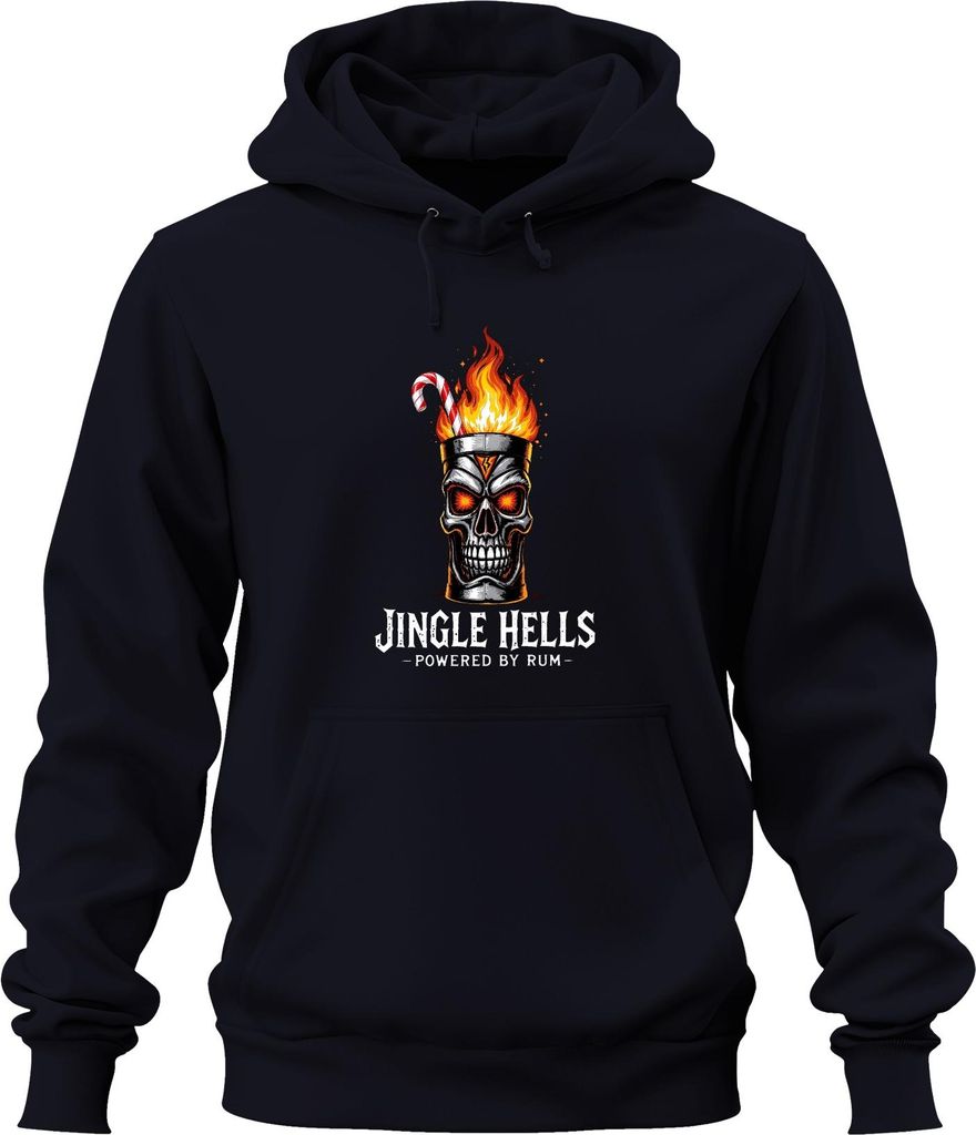 Jingle Hells Powered by Rum Totenkopf Flamme Gothic Geschenk Uni Hoodie Kapuzenpullover, Navy, 3XL