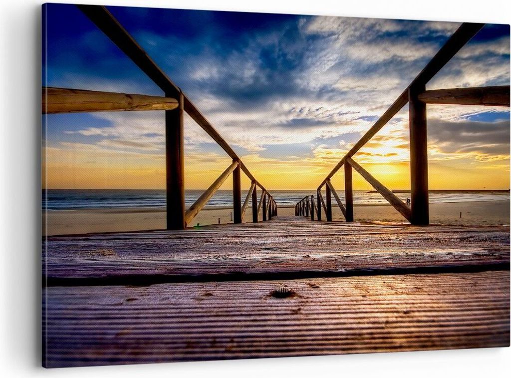Bild auf Leinwand - Leinwandbild - Strand Ozean Sand Holzbrücke Sonnenuntergang - 120x80cm - Wand Bild - Wanddeko - Leinwanddruck - Bilder - Kunst...
