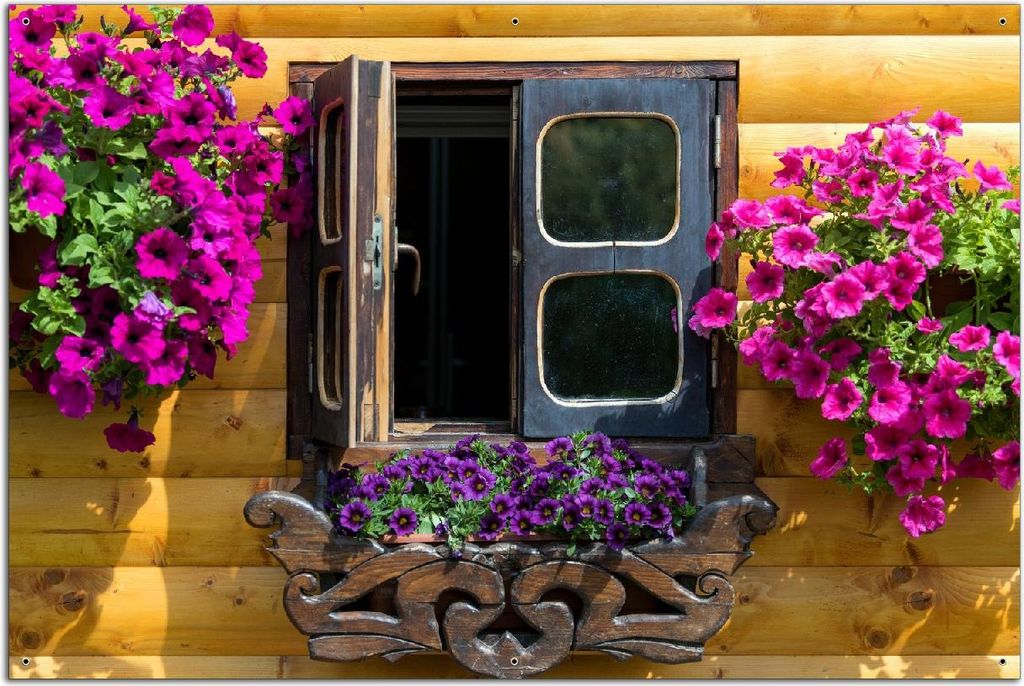 Wallario Outdoor-Poster für Garten oder Balkon, Motiv Fenster mit Blütenpracht, in ca. 61 x 91,50 cm