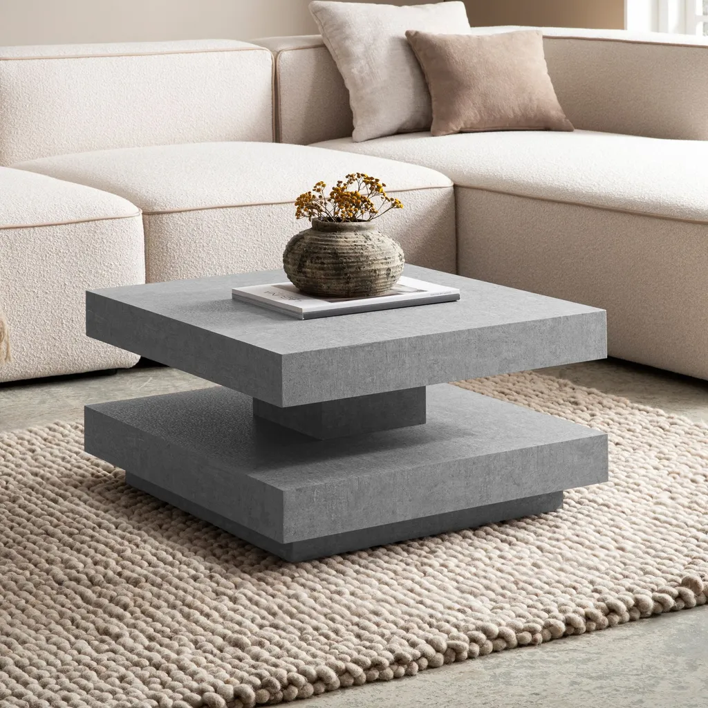 Table de salon carrée grise avec rangement ouvert aspect béton design