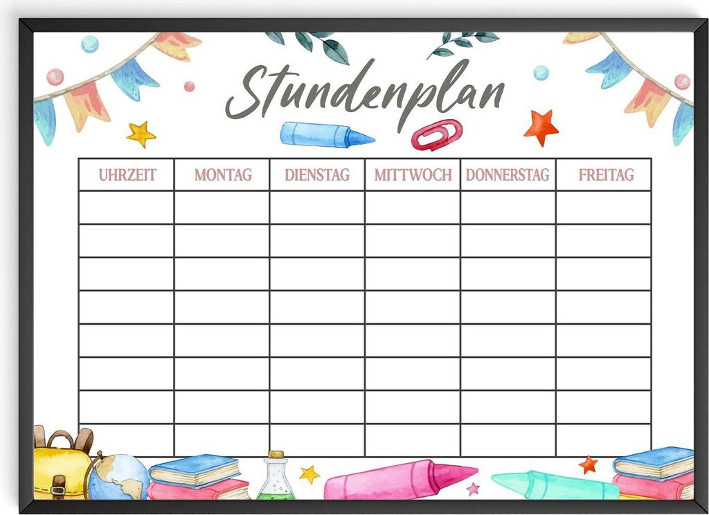 Schulkind Stundenplan Grundschule Einschulung Geschenk zum Schulanfang Schulkind – DIN A4 + Rahmen schwarz