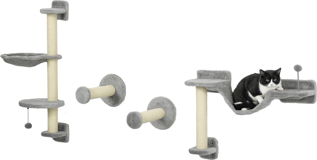 PawHut Katzenbaum-Komplettset, 4-teilig, zur Wandmontage, mit Hängematte, Pompon, Sprungplattformen, Sisalstamm und Plüschleiter – Grau