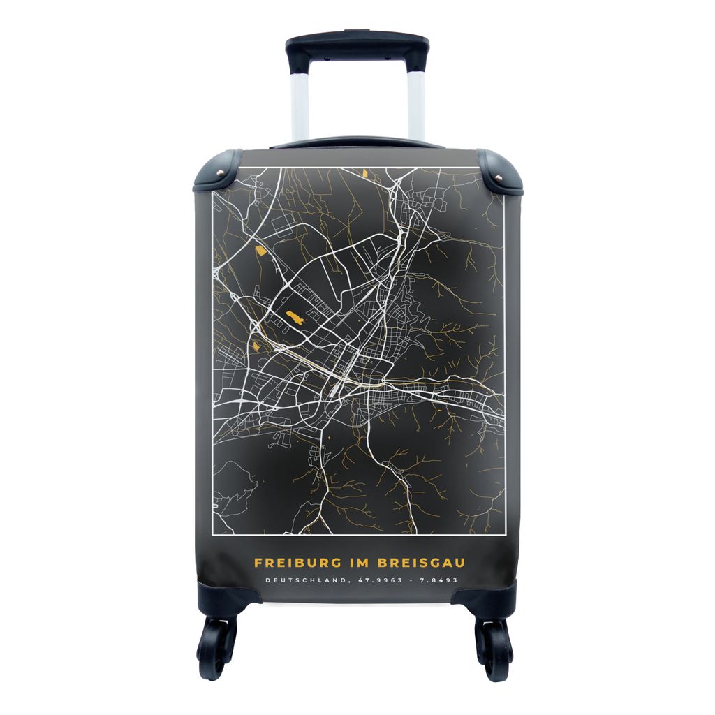 MuchoWow Koffer Handgepäck Trolley Rollkoffer Kleine Reisekoffer mit 4 Rollen - Deutschland - Freiburg Im Breisgau - Gold - Stadtplan - Karte - ...