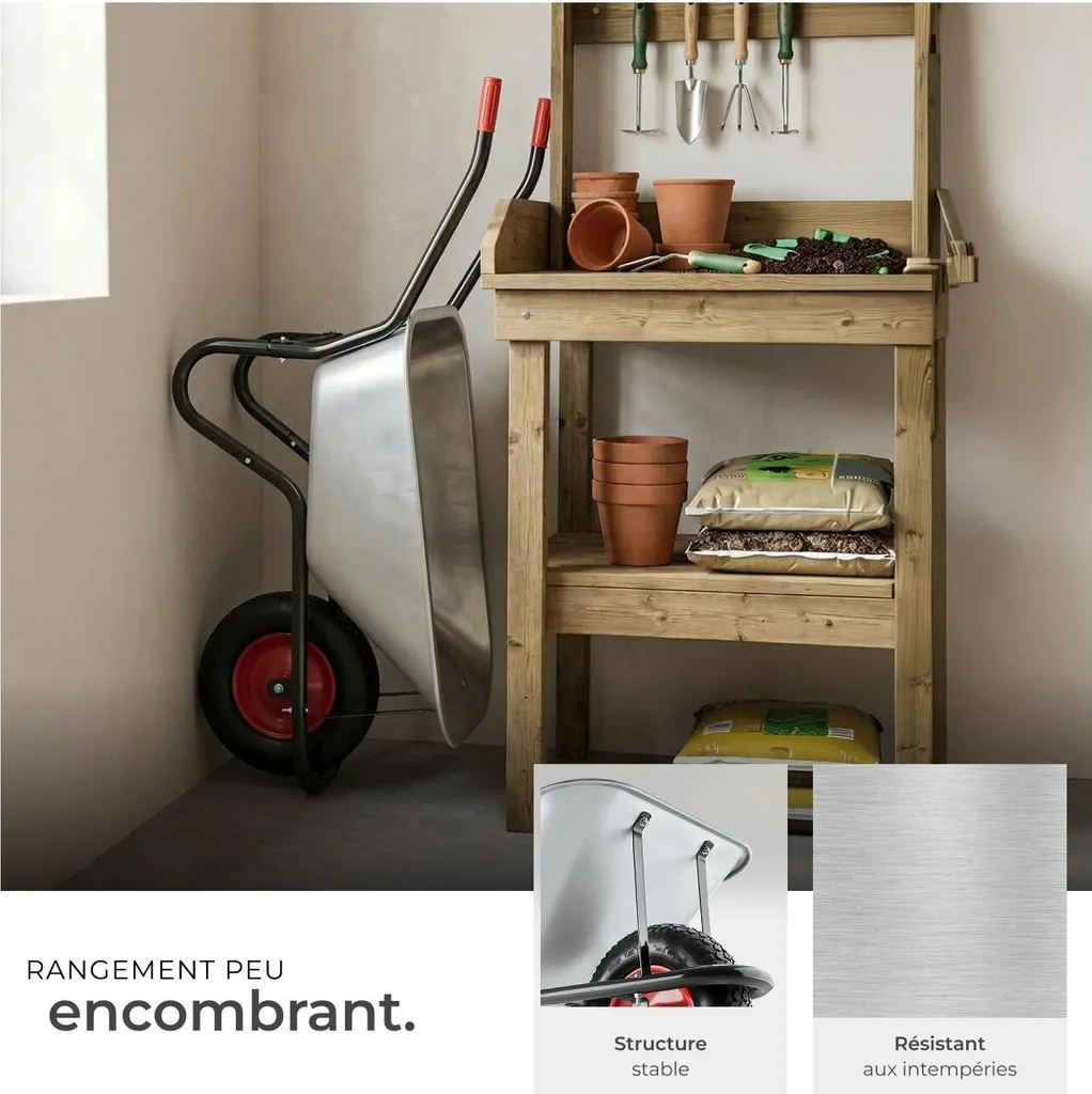 Brouette de jardin Oskar acier robuste roue gonflable finition argent
