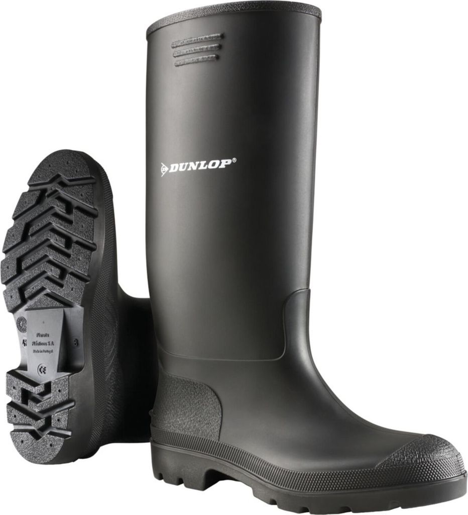 A pair of black Dunlop rubber boots shown from the side and bottom.