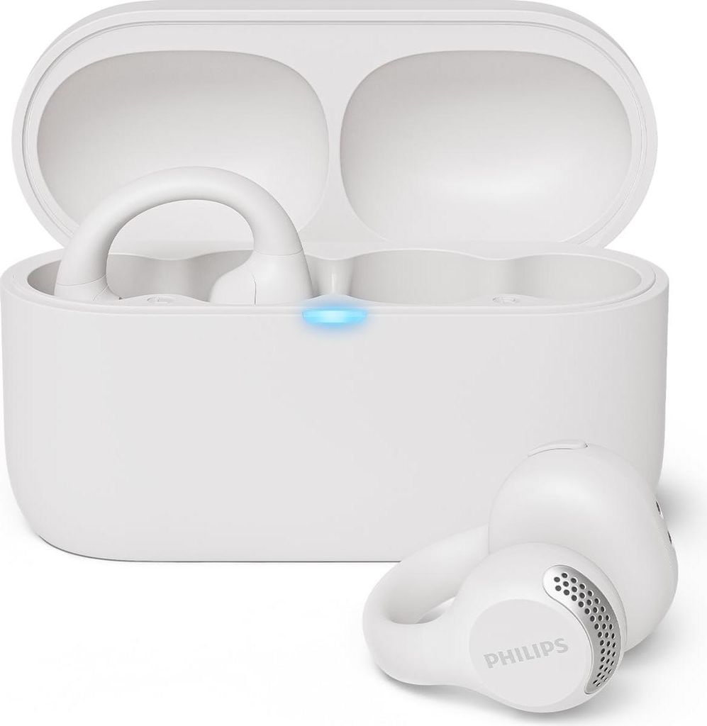 A pair of white wireless earbuds with their charging case.