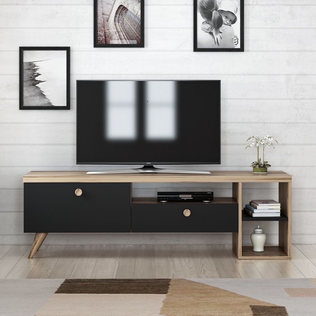 Skye Decor, Parion- Parion NRC, Schwarz,Eiche, TV-Schränke, 47x150x35 cm, 100% Melaminbeschichtete Partikelplatte