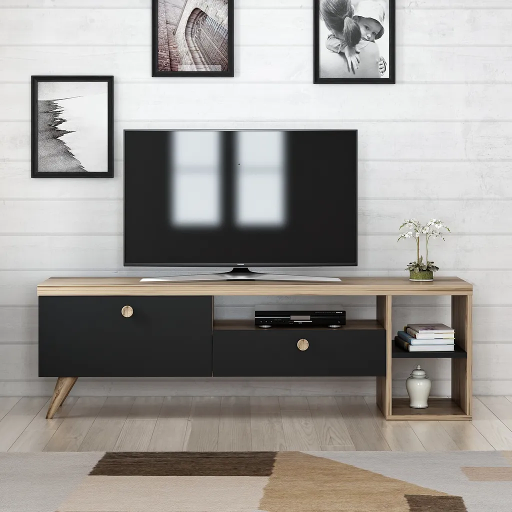 Grand Meuble TV 150 cm Parion pour Organiser votre Salon Noir-Chêne