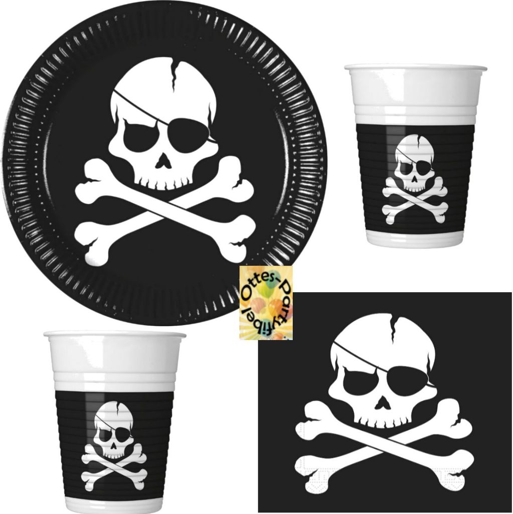 Black-Skull-Piraten-Party-Set 36tlg. für 8 Piraten Teller Becher Servietten