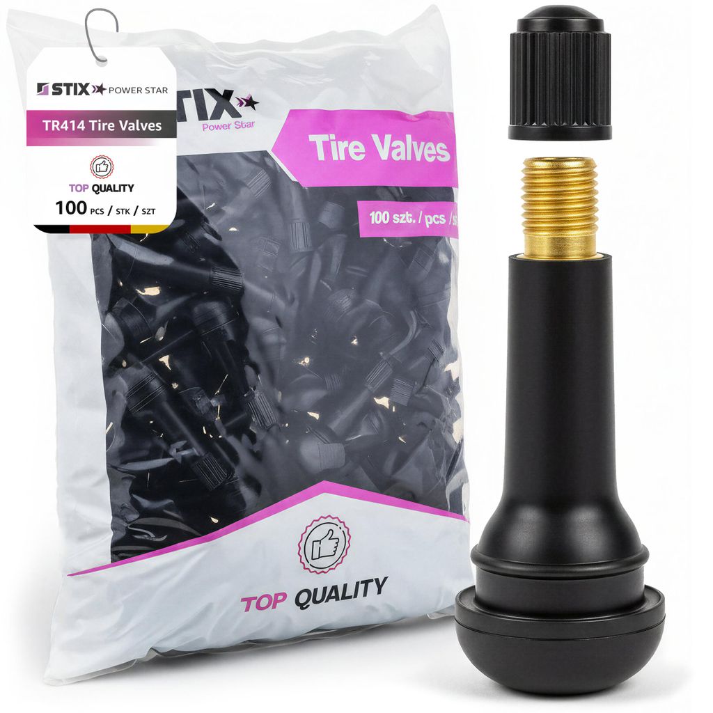 A bag of tire valves and a single tire valve with its cap.