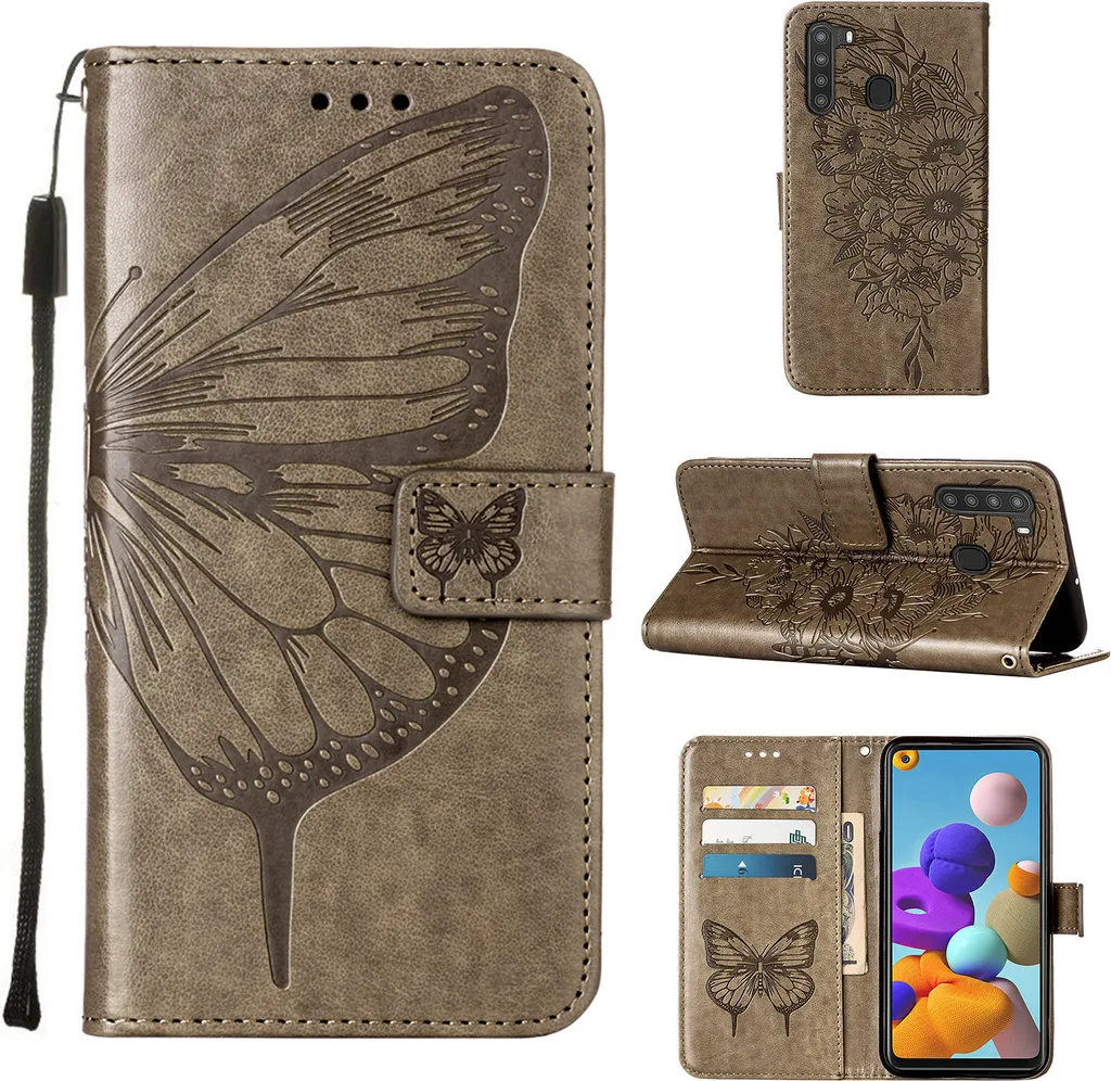 Custodia Farfalle Samsung Galaxy A21 - Cover a Libro Grigio Perla