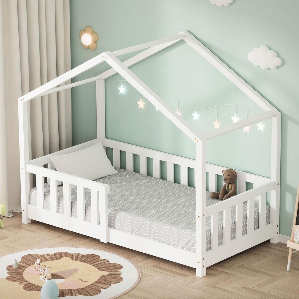 ML-Design Kinderbett Hausbett 70x140 cm Weiß, Holzbett mit Produktbild 