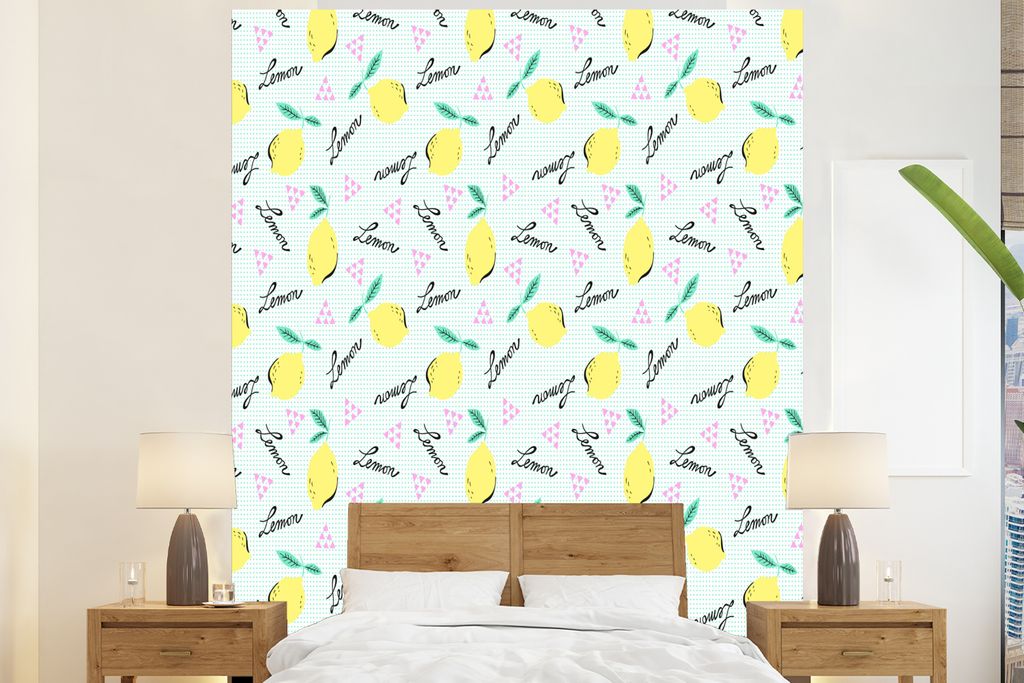 MuchoWow Fototapete für Wohnzimmer oder Schlafzimmer Wandtapete Vinyl Motivtapete Hipster - Zitrone - Pastell - Muster - 195x240 cm - Gemusterte