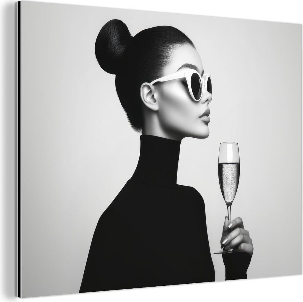 MuchoWow Wanddekoration Metall Metallbild Wandkunst 80x60 cm Frau - Champagner - Modern MuchoWow Aluminium Gemälde - Alubild