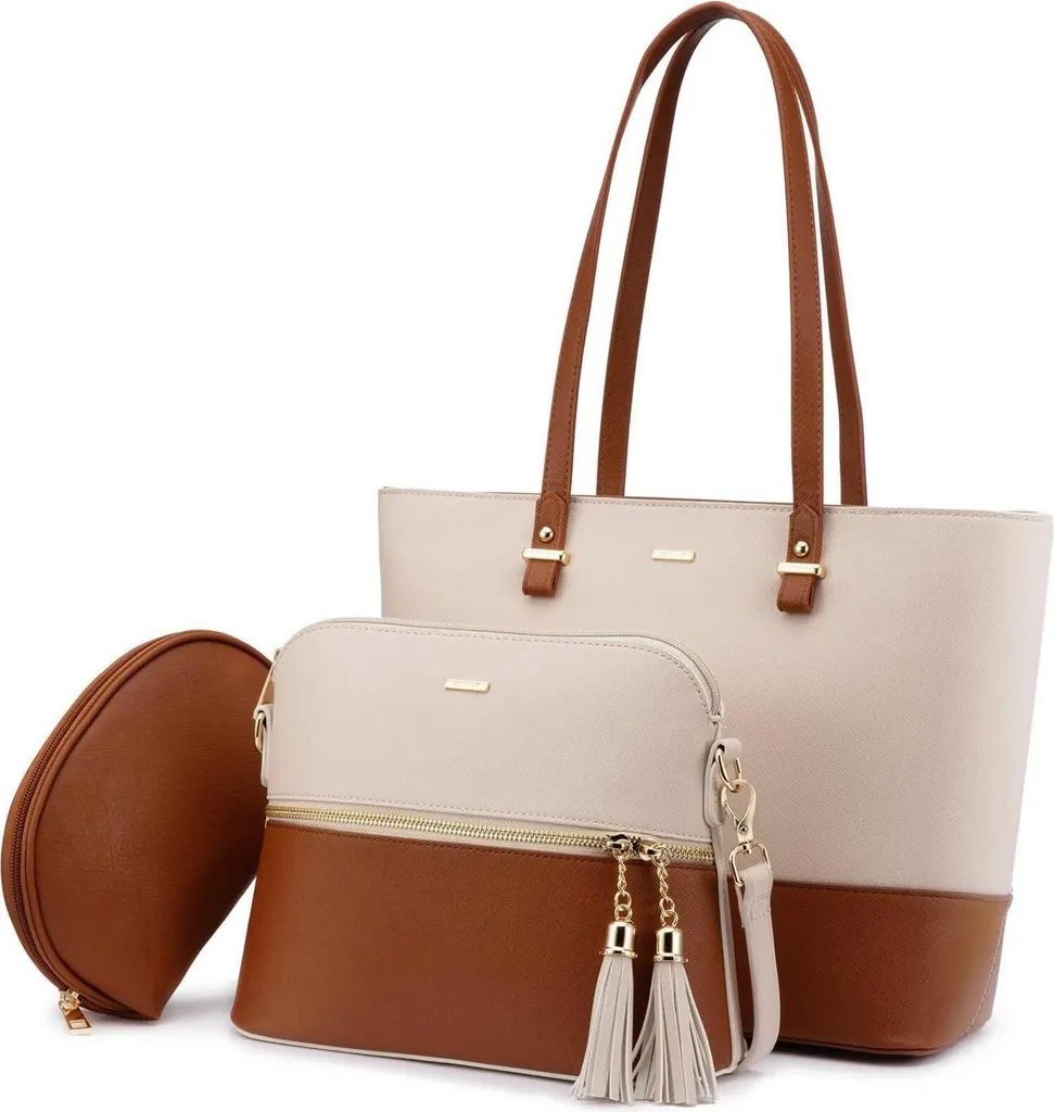 Grand sac à main 3 pièces avec bandoulière et finitions cuir de luxe