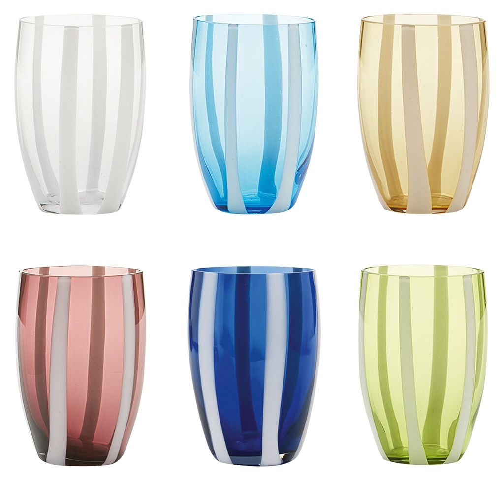 6er-Set Gessato-Trinkgläser aus mundgeblasenem Glas mit vertikalem, weißem Glasrand, verschiedene Farben, handwerkliche Eleganz