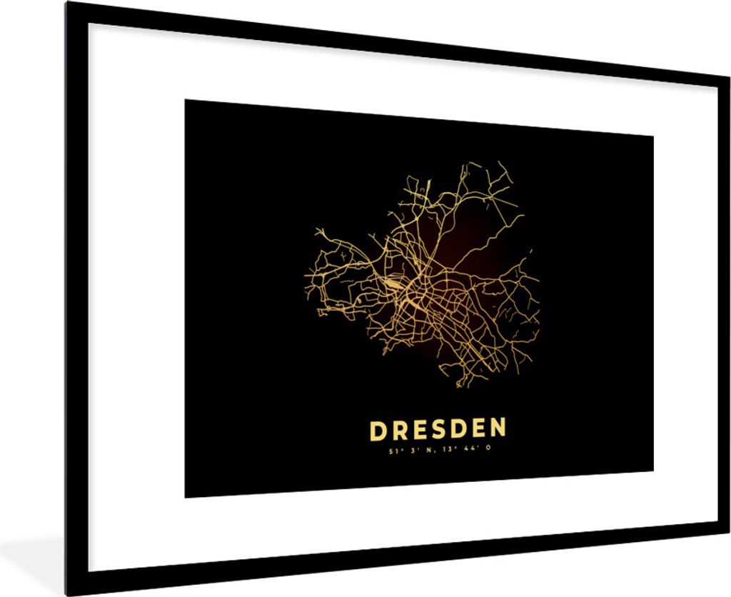 MuchoWow Gerahmtes Poster Dresden - Gold - Stadtplan - Karte 90x60 cm - Poster mit Schwarzem Bilderrahmen Wandposter Rahmen Foto Bilder - Wanddek...