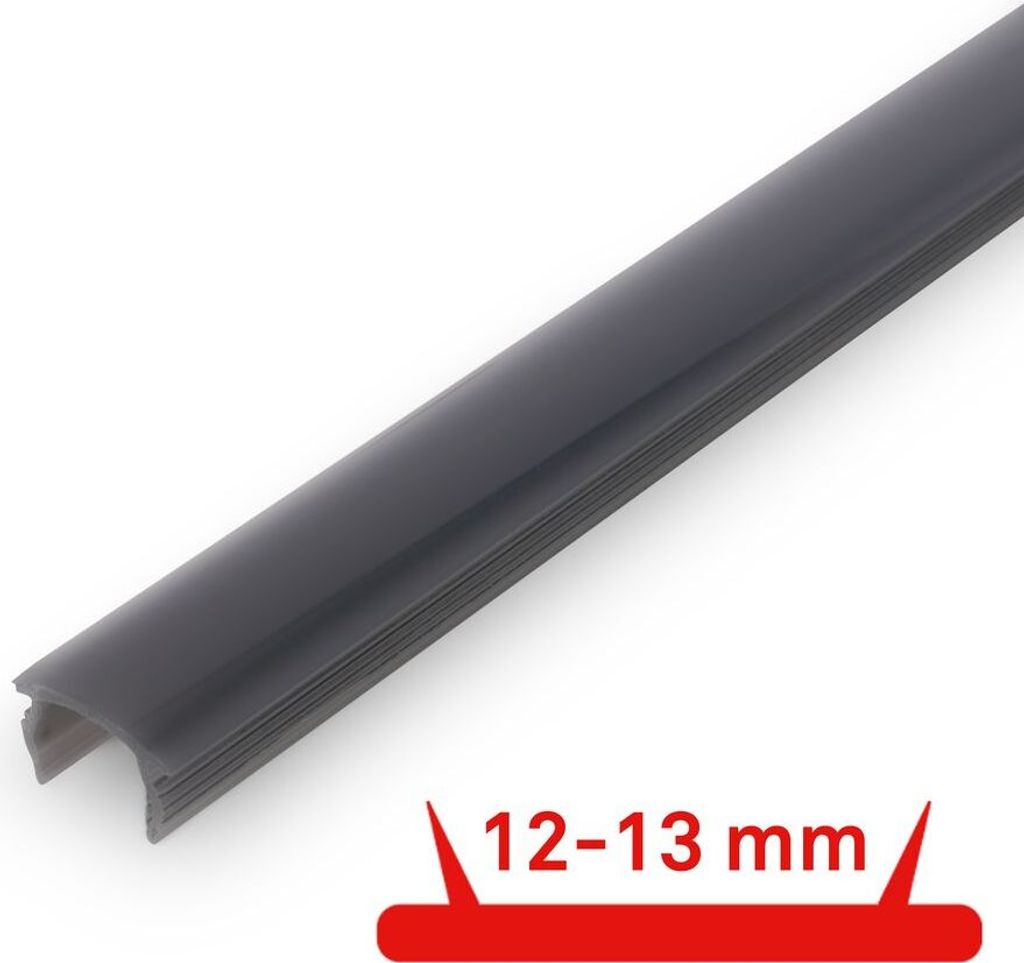 A close-up, angled shot of a gray plastic profile rail with a textured surface, set against a plain white background. A red graphic overlay with white text indicates a measurement.