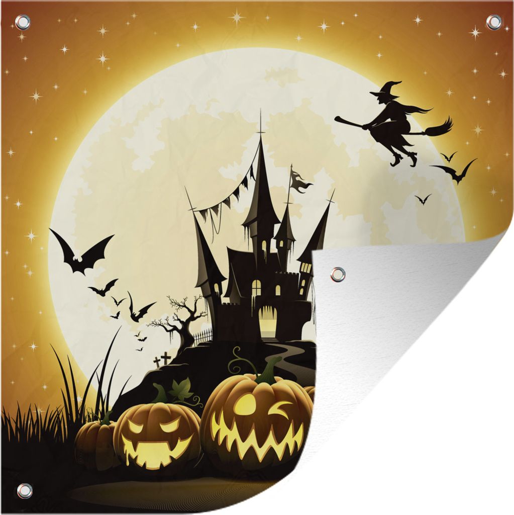 MuchoWow 100x100 cm Outdoor-Poster Gartendeko Sichtschutz Garten Poster für den Garten Eine Illustration einer Hexe, die zu Halloween über ein...