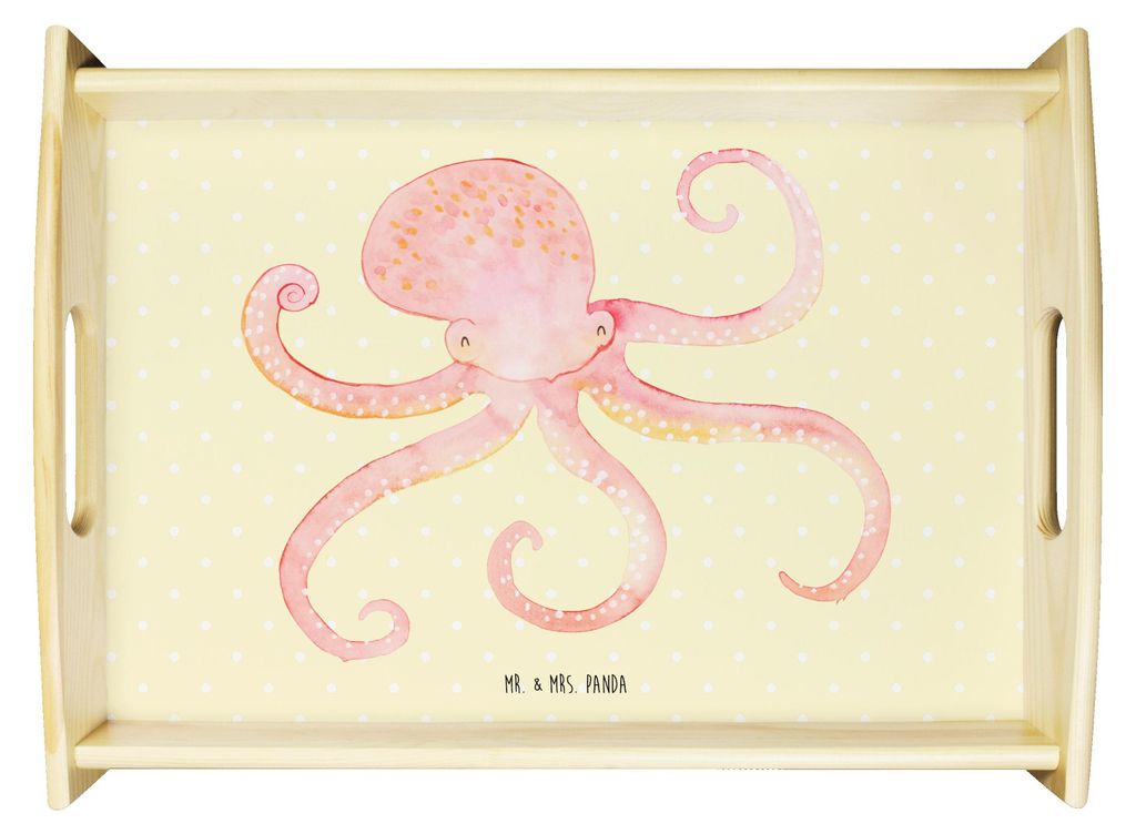 Mr. & Mrs. Panda Holztablett Tintenfisch - Gelb Pastell - Geschenk, tragetablett, Deko Tablett, Meer, Lustige Sprüche, Krake, Meerestier, Servier,...