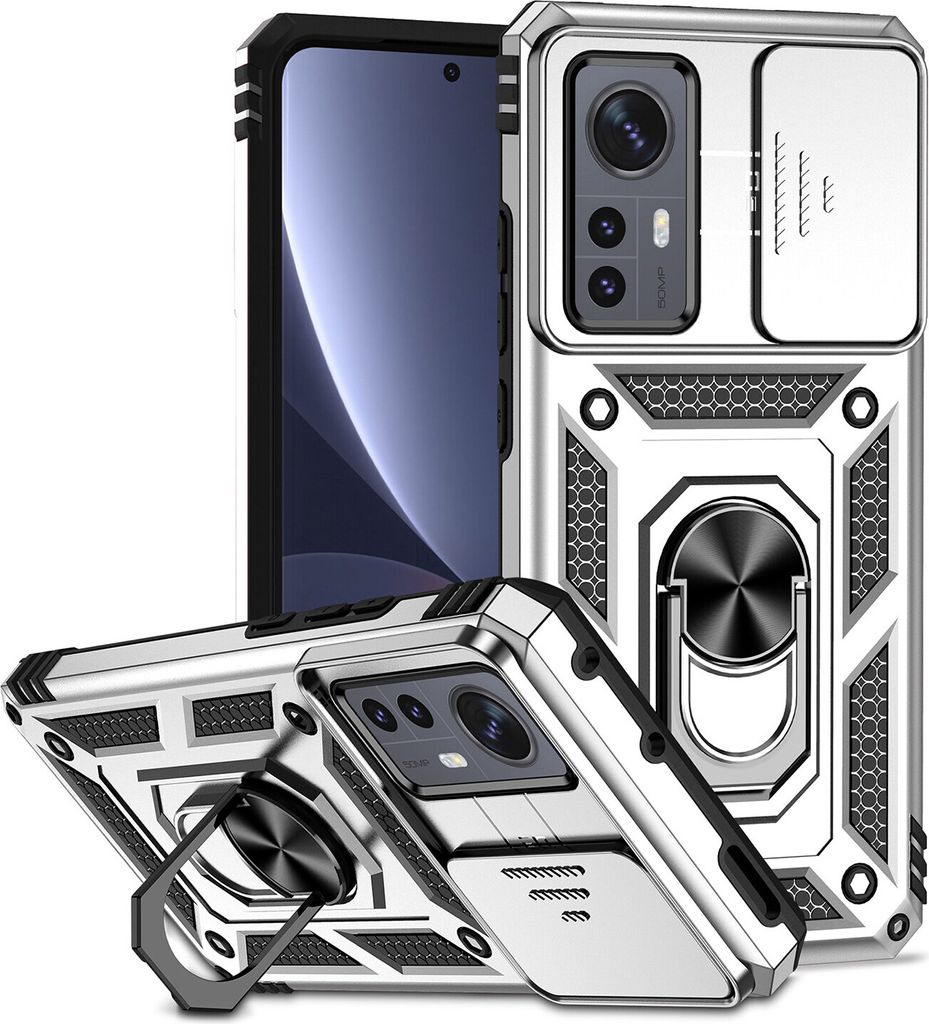 Xiaomi 12 / 12X Hülle mit Schiebe Kamera Schutz und Ringhalter Ständer Robust Rüstung Schutzhülle für Xiaomi 12 / Xiaomi 12X Silber