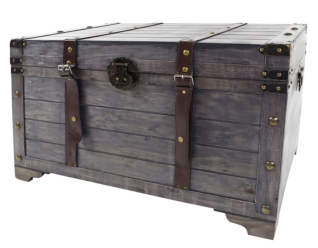 Kobolo Truhe KUBA im Schatzkistendesign aus grauem Holz mit Metall- und Kunstlederapplikationen 80x45x50 cm - Home Einrichtung Möbel Kleinmöbel Z...