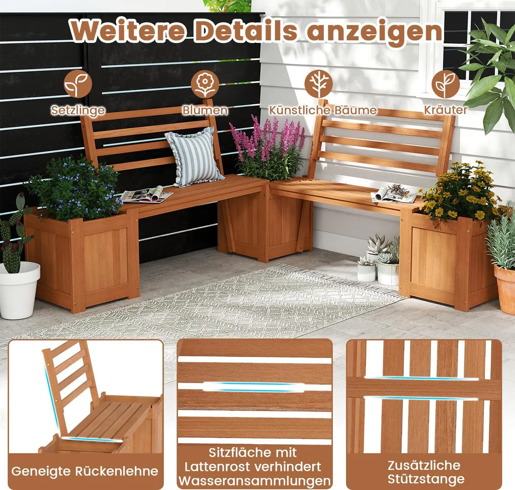Banc de jardin 2 places stable et confortable avec bacs à fleurs